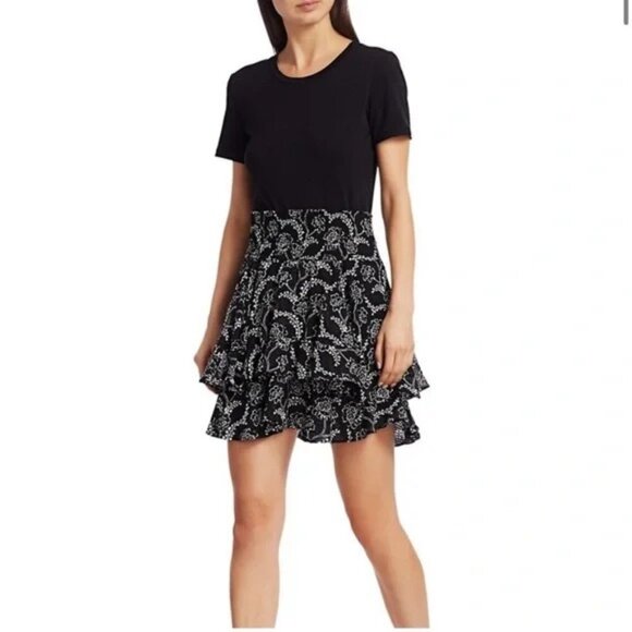 A.L.C. 2 Vera Silk Blend Ruffle Skirt Mini Length Smocked Waist Black White - Picture 1 of 9